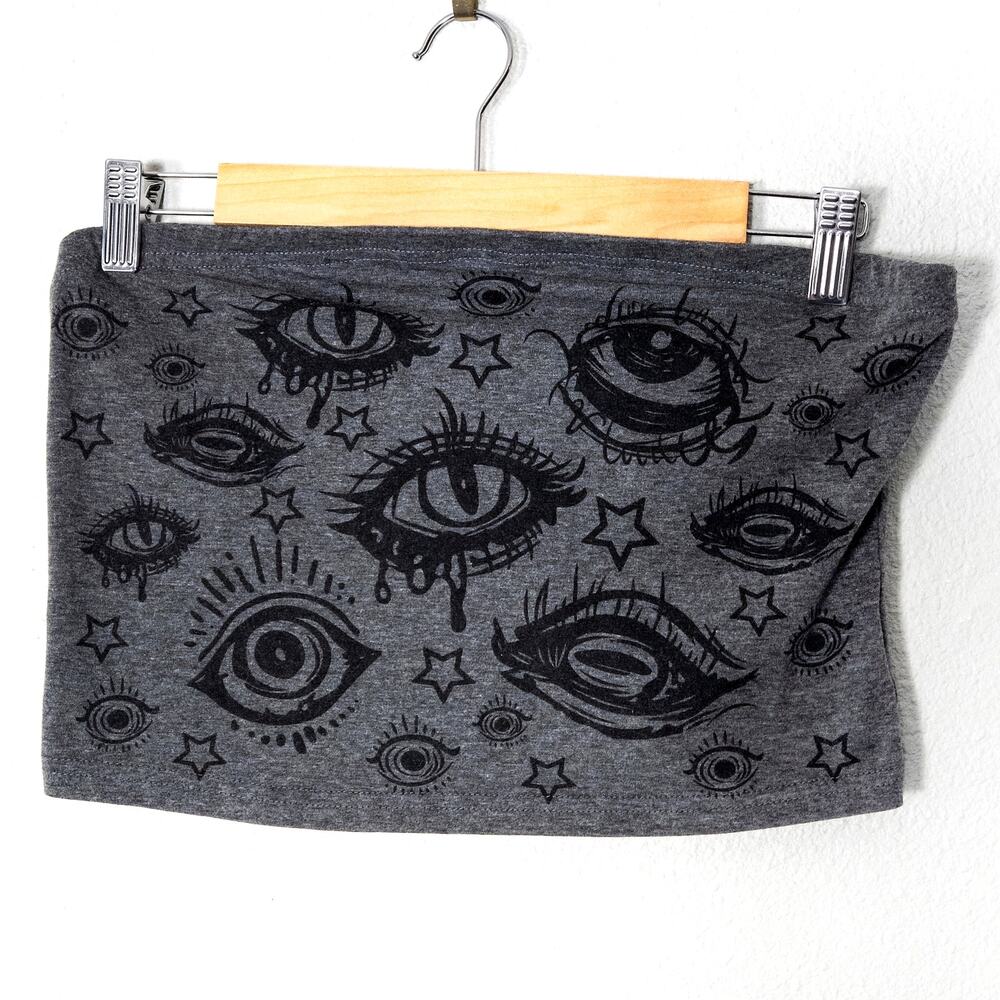 Romwe Tube Top Size L Cotton Gray Black Eye Print Whimsigoth Grunge